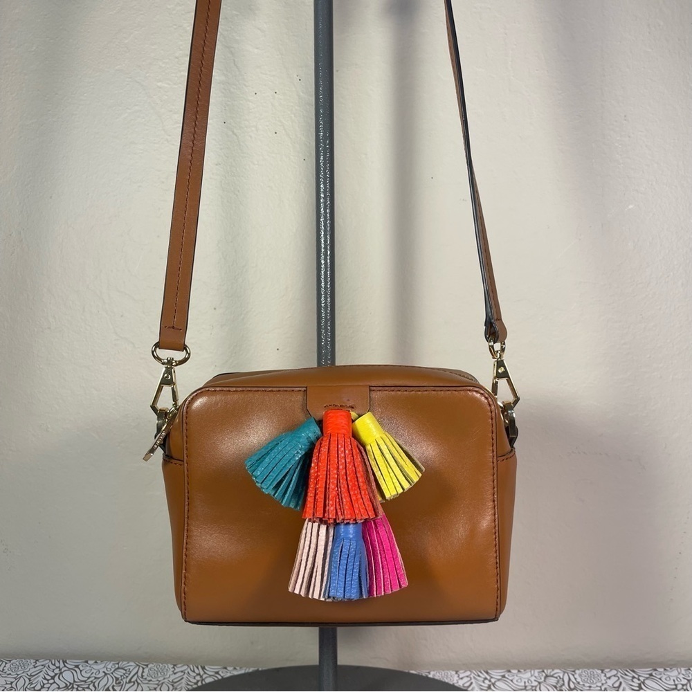 Rebecca Minkoff Camel Leather Tassel Crossbody Bag Boho Gold Hardware